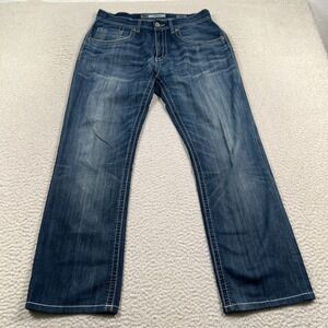 BKE Jake Jeans Men 32R Straight Leg Pockets Whiskering Stretch Cowboy Denim Blue